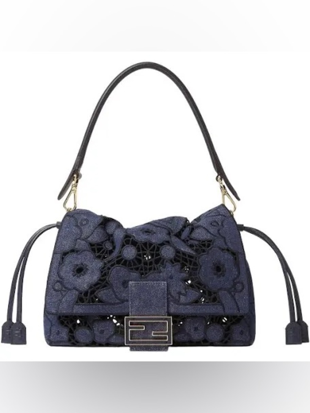 Fendi Navy Floral Appliqué Shoulder Bag with Gold Hardware